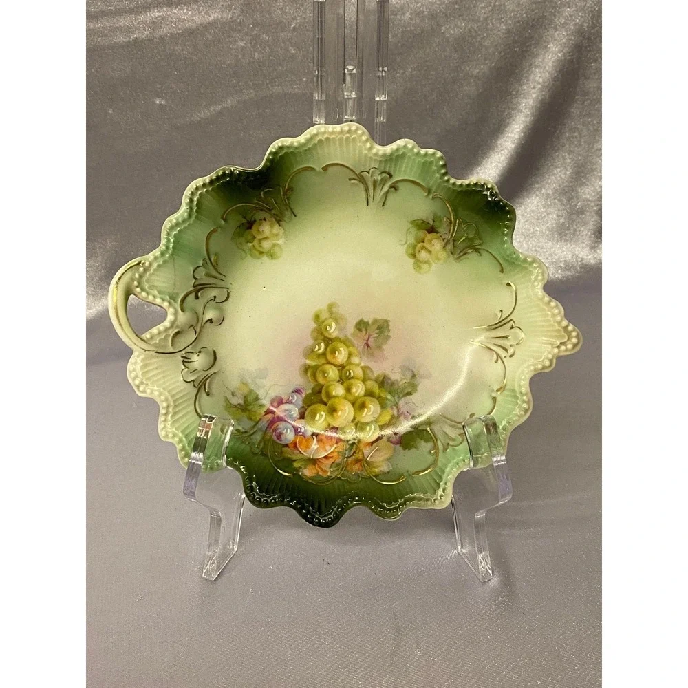 Two Antique Hand Painted Austria Bowl And Saucer Painted /Green Grapes PreOwned